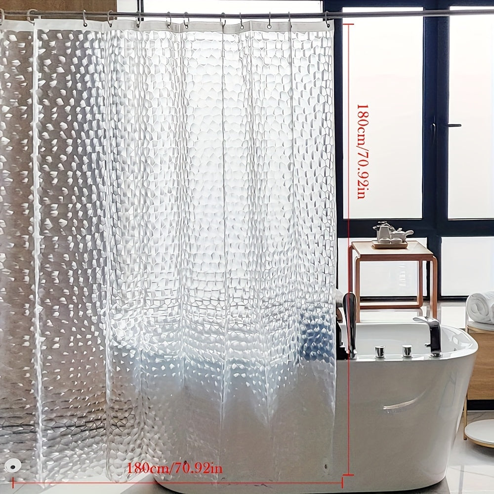 Waterproof 3D pebble pattern shower curtain without hooks for bathroom decoration.