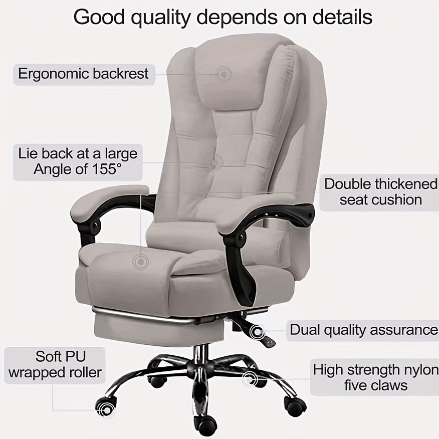 Adjustable executive office chair with ergonomic design for extended sitting comfort. Features include cushioned armrests, metal frame, wooden base, 155° recline, and high strength nylon