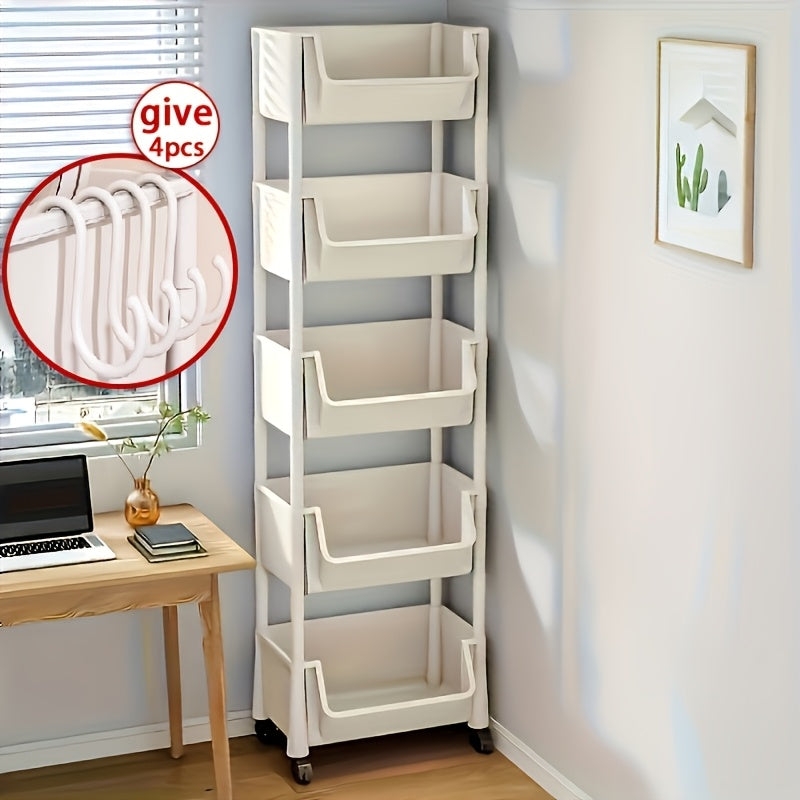 5-Tier durable plastic organizer rack with hanging hooks, ideal for kitchen and office storage.