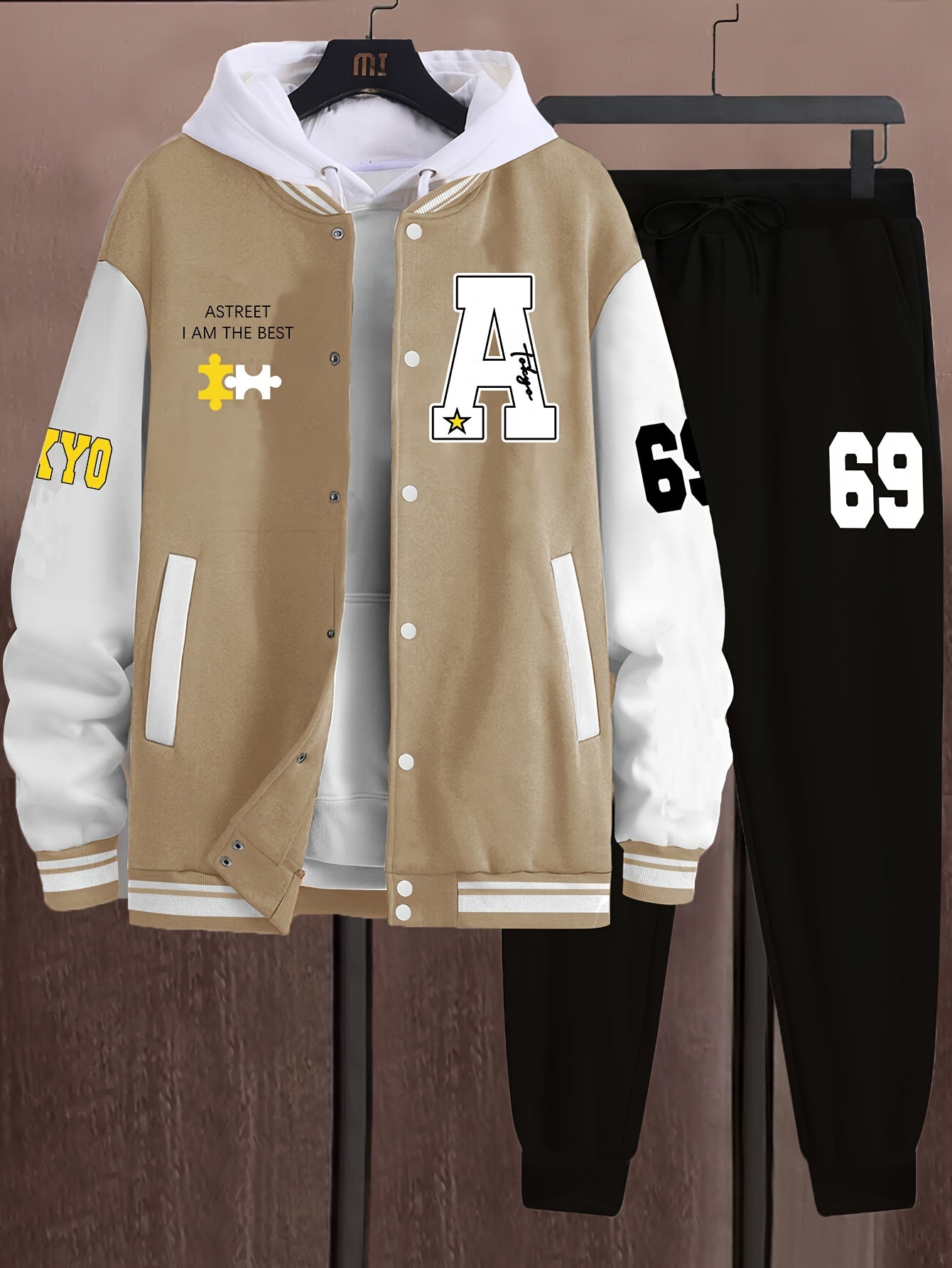 Men's casual 69-piece set includes color block varsity jacket and joggers with A-69 print. Made of polyester with baseball collar and pockets, ideal for fall/winter.