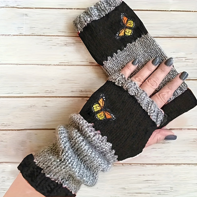 Knit Fingerless Gloves with Butterfly Embroidery, Stylish Color Block Design, Windproof and Warm for Autumn and Winter Writing.