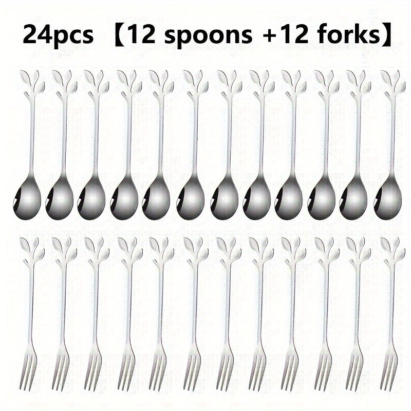 Leaf-shaped dessert spoons and forks in 24-pack, 12-pack, and 6-pack sizes for home and commercial use. Ideal for stirring, couple gifts, birthdays, parties, cakes, salads, and dinner gatherings. Trendy and stylish design.