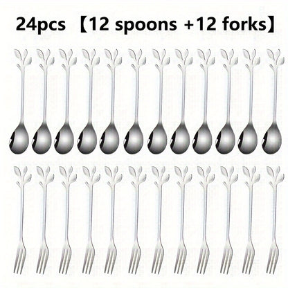 Leaf-shaped dessert spoons and forks in 24-pack, 12-pack, and 6-pack sizes for home and commercial use. Ideal for stirring, couple gifts, birthdays, parties, cakes, salads, and dinner gatherings. Trendy and stylish design.