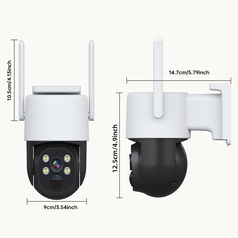 Introducing the ZHXINSD 4MP Solar-Powered Security Camera! This wireless outdoor surveillance camera features 2.4GHz connectivity, two-way audio, color night vision, PIR motion detection, 360-degree panoramic view, PTZ functionality, and a rechargeable