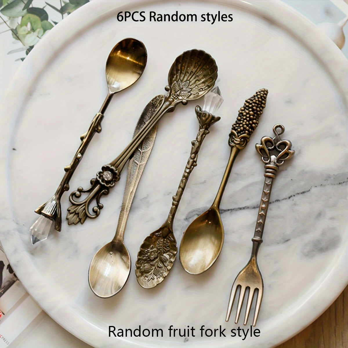 Set of 6 European golden vintage spoons for desserts and coffee, with carved fruit designs, ideal for kitchen, dining, and bar use.