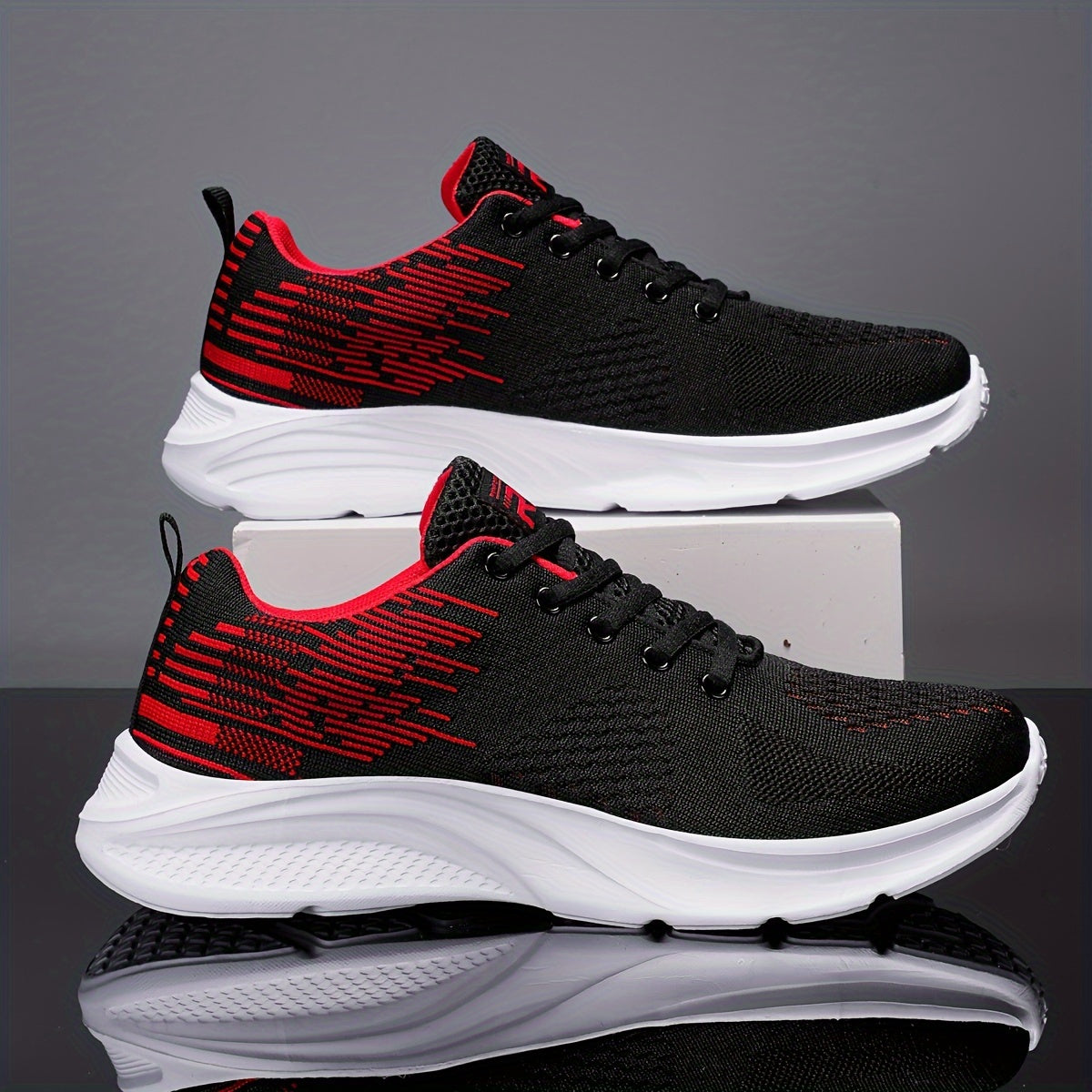 Men's breathable mesh running shoes with lightweight lace-up design, casual sports style with stripes, EVA sole, and fabric upper/insole/inner. Provides normal pronation support, suitable