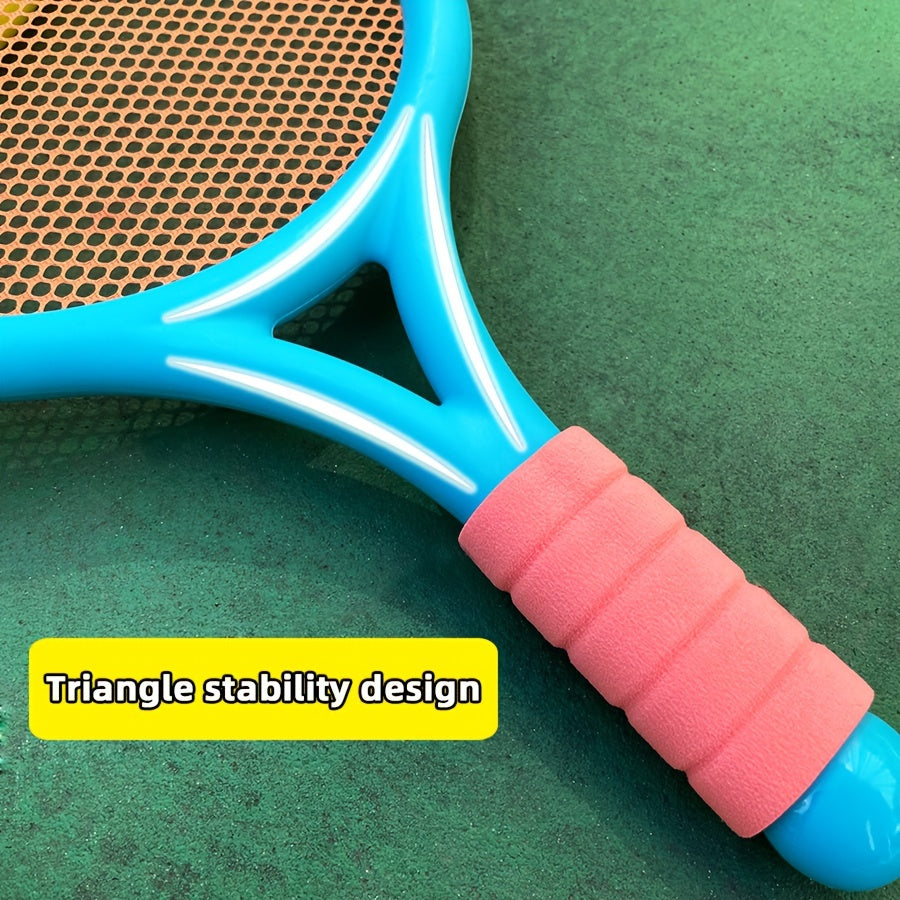 Kids badminton and tennis racket set for ages 3-6. Interactive outdoor family sports game. Educational coordination play toys made of durable plastic with anti-slip soft handle.