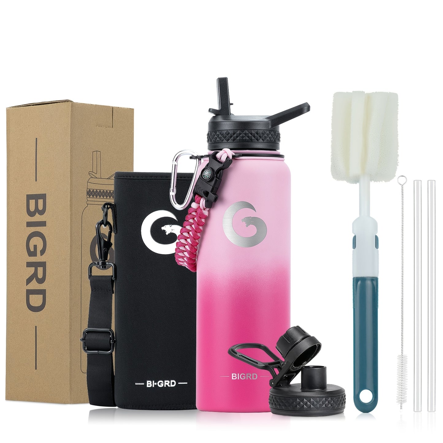 1pc BIGRD insulated water bottle with paracord handle and straw spout lid, available in 40oz/1183ml and 64oz/1893ml sizes, triple vacuum stainless steel keeps drinks cold for 48 hours.