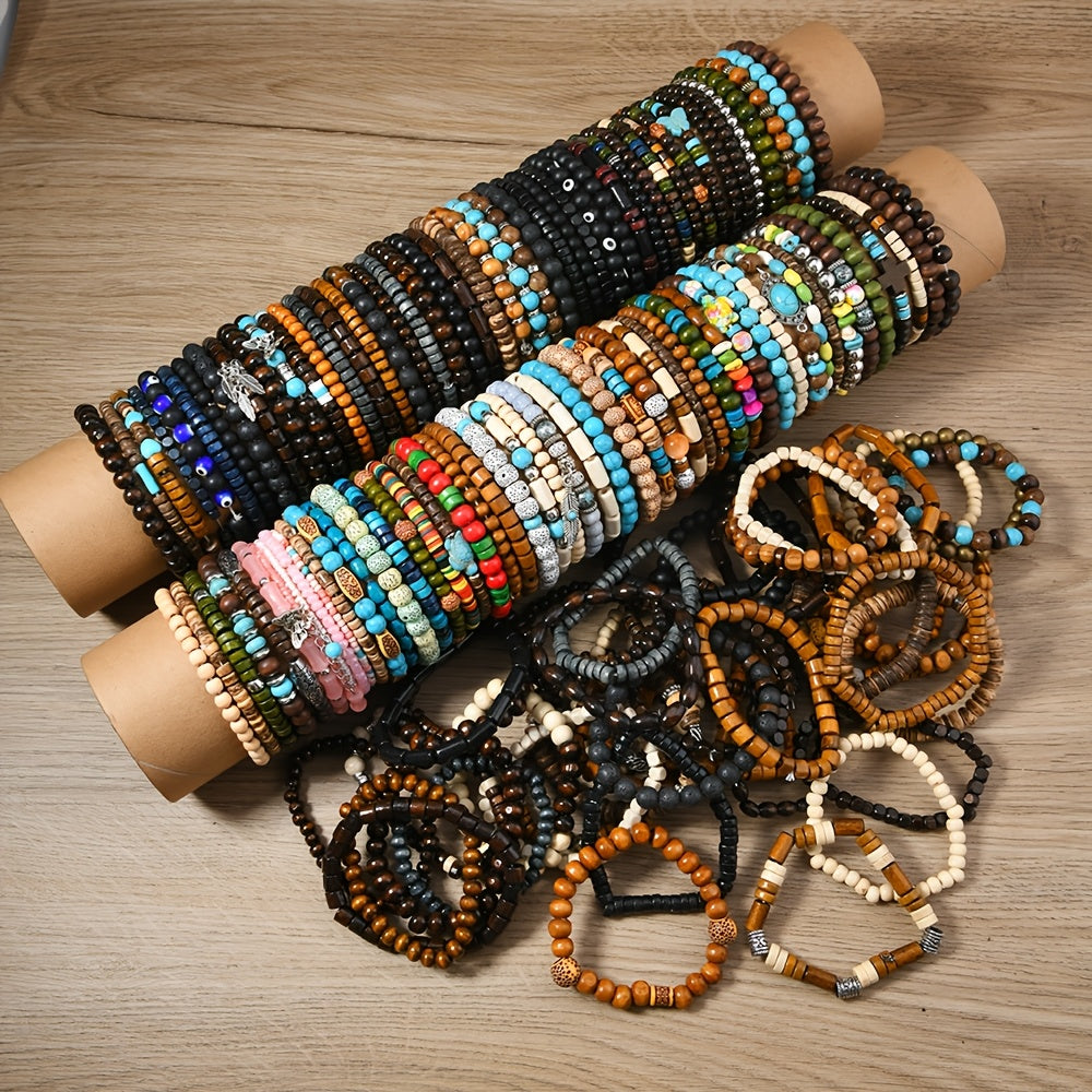 Set of 12 or 24 Autumn/Winter Mixed Pack Stackable Elastic Wire Bracelets for Women, Handmade with Outdoor Splicing of Wooden Beads for a Combination Hand Ornament.