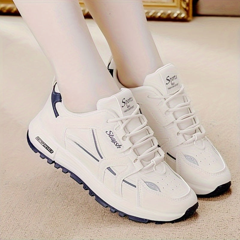 Women's casual lace-up sneakers, lightweight all-season low top shoes with solid color design. Non-slip waterproof durable fashion sports flats, hand washable with rubber sole and fabric