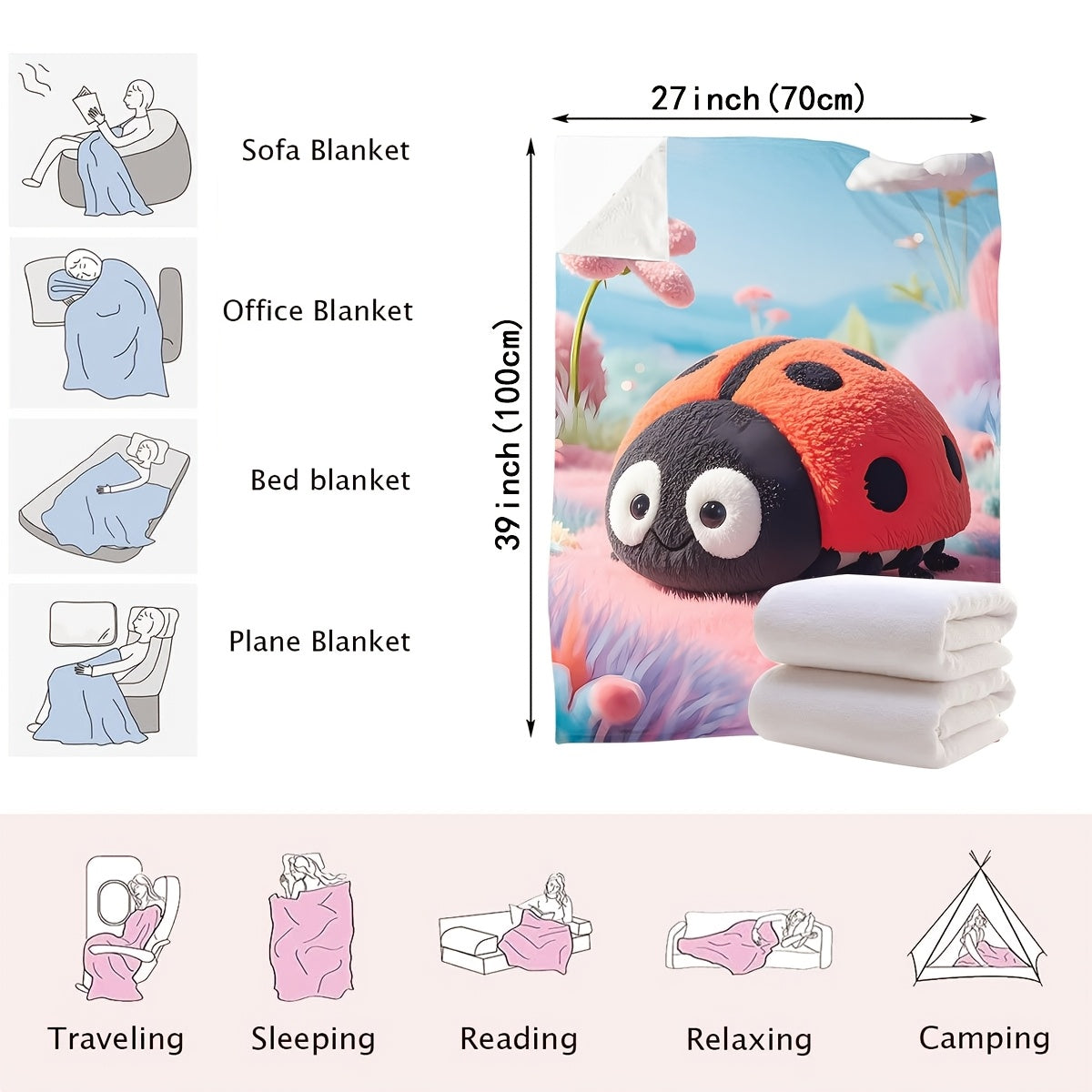 Modern Ladybug Design Plush Throw Blanket - Versatile All-Season Knit Blanket for Home and Travel - Made of Soft Polyester, Easy to Clean and Perfect Gift for Kids