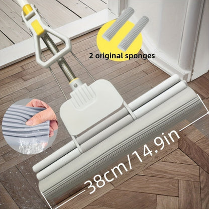 The 2-in-1 Sponge Mop Set features a durable stainless steel handle and is designed for both wet and dry cleaning. This versatile floor cleaner is perfect for use in the living room, bedroom, bathroom, kitchen, and toilet, making it ideal for tile and