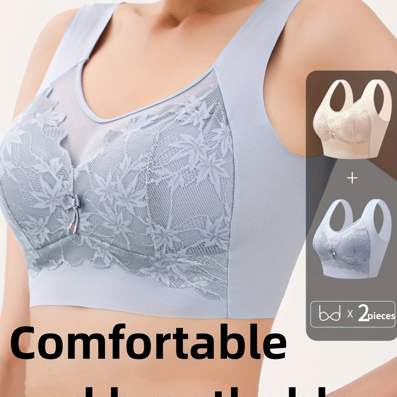 2 elegant lace wireless bras for women in black and beige. Comfortable seamless design with floral print, medium support. Made of nylon and spandex blend.