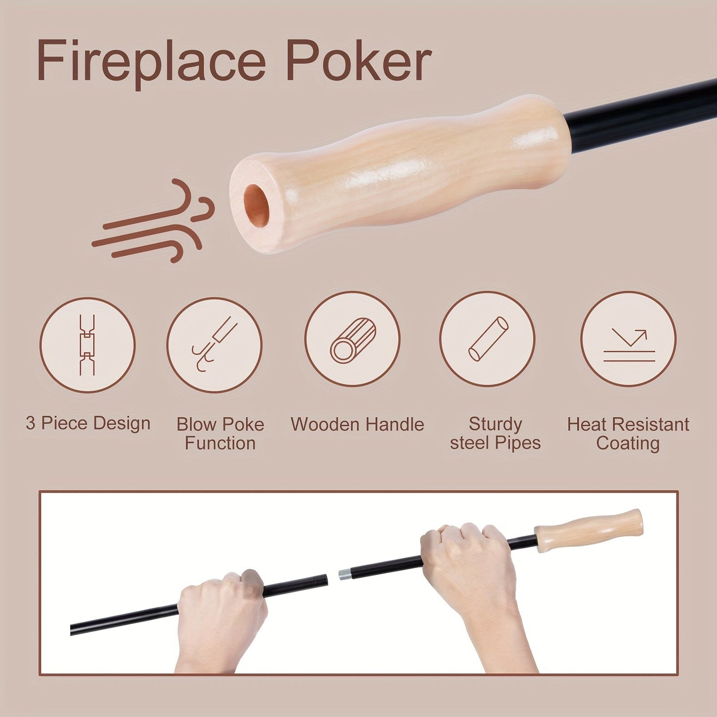 39-Inch Fire Poker with Removable Design for Fire Pit, Campfires, and Outdoor Camping - Includes Wooden Handle for Indoor Use - Essential Fire Pit Tool with Versatile Length