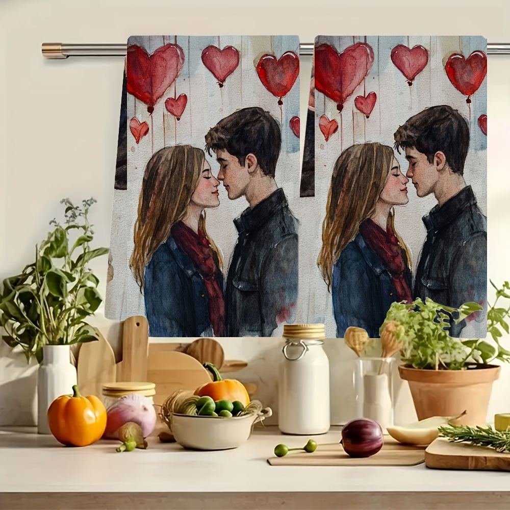 Set of 2 Ultra Soft Kitchen Towels - Romantic Valentine's Day Theme featuring Young Lovers, Excellent Absorbency & Machine Washable Dish Hand Towels, Modern Watercolor Design, Size: 40.64x60.96 cm, Kitchen Dish Towels