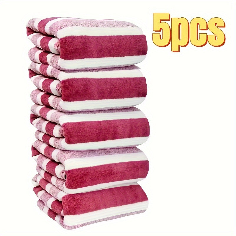 Soft coral fleece towel set includes 5 pieces, quick-dry and striped for various uses, made of premium polyester fabric weighing 280gsm.