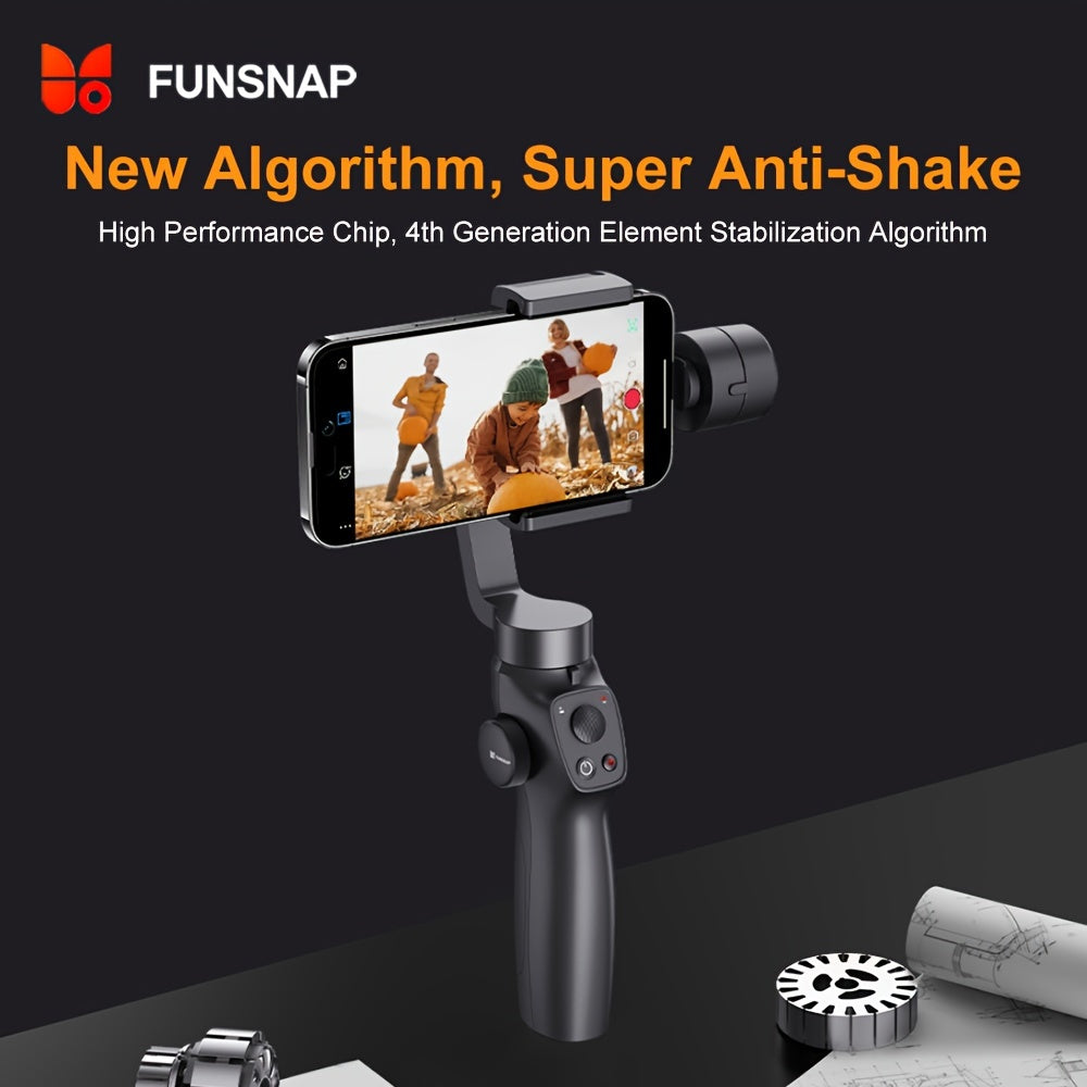 Funsnap Capture 2S Pro Gimbal Stabilizer for smartphones offers auto-tracking, USB rechargeable, and wireless charging for both iPhone and Android devices.