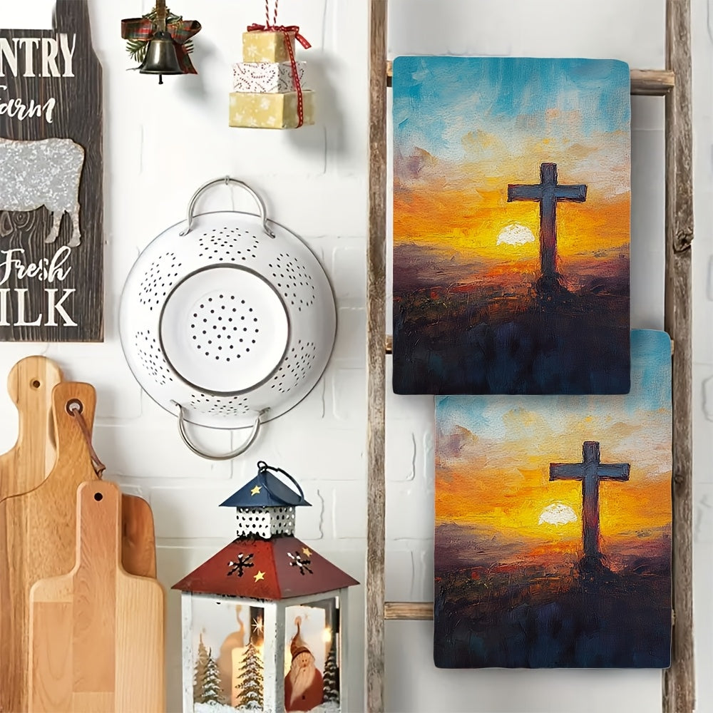 2 pieces of ultra soft kitchen towels featuring an Easter sunrise oil painting style. These highly absorbent and machine washable dish hand towels measure 40.64x60.96 cm, making them perfect for holiday decor.