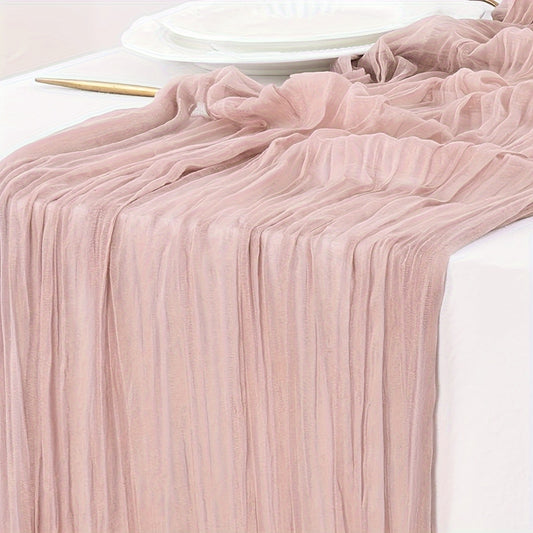 Vintage pink table runner made of bohemian chic cheesecloth, ideal for bridal showers, royal blue weddings, and romantic dinner decor.