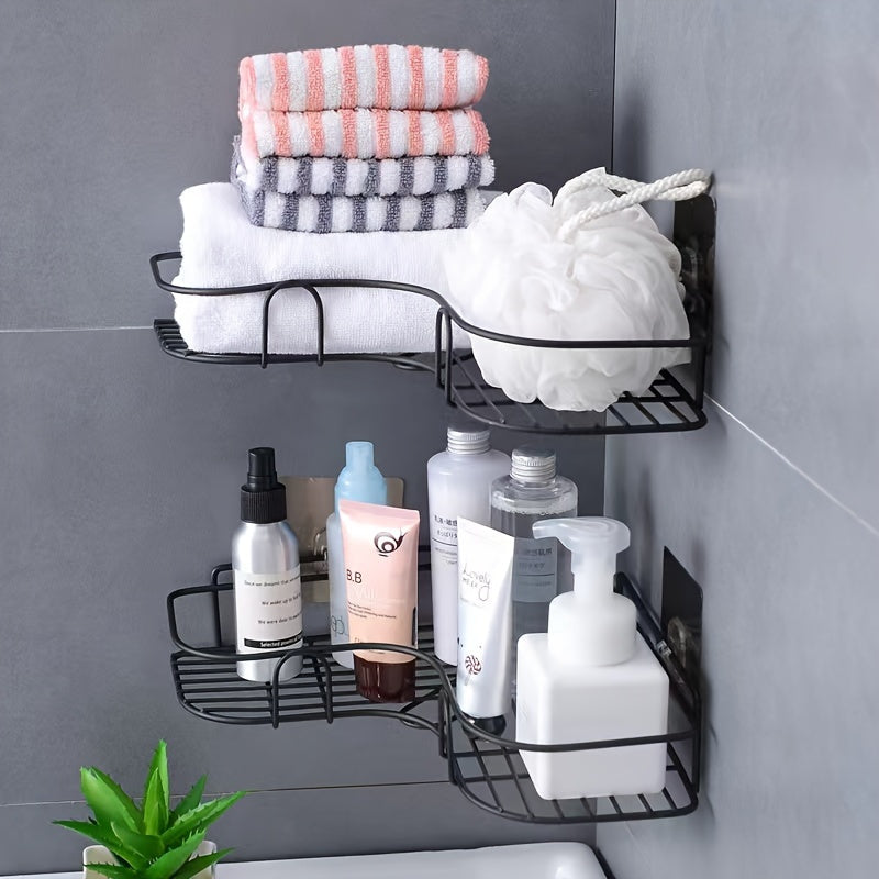 Rust-resistant stainless steel corner shower rack for storing bathroom products.