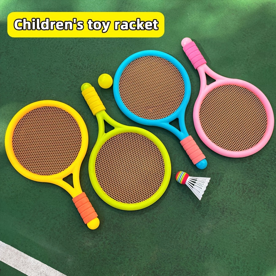 Kids badminton and tennis racket set for ages 3-6. Interactive outdoor family sports game. Educational coordination play toys made of durable plastic with anti-slip soft handle.