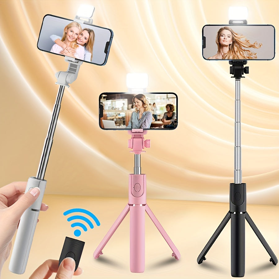 Portable selfie stick tripod with built-in fill light, wireless, anti-shake and 360-degree rotating phone holder for stable and versatile use.