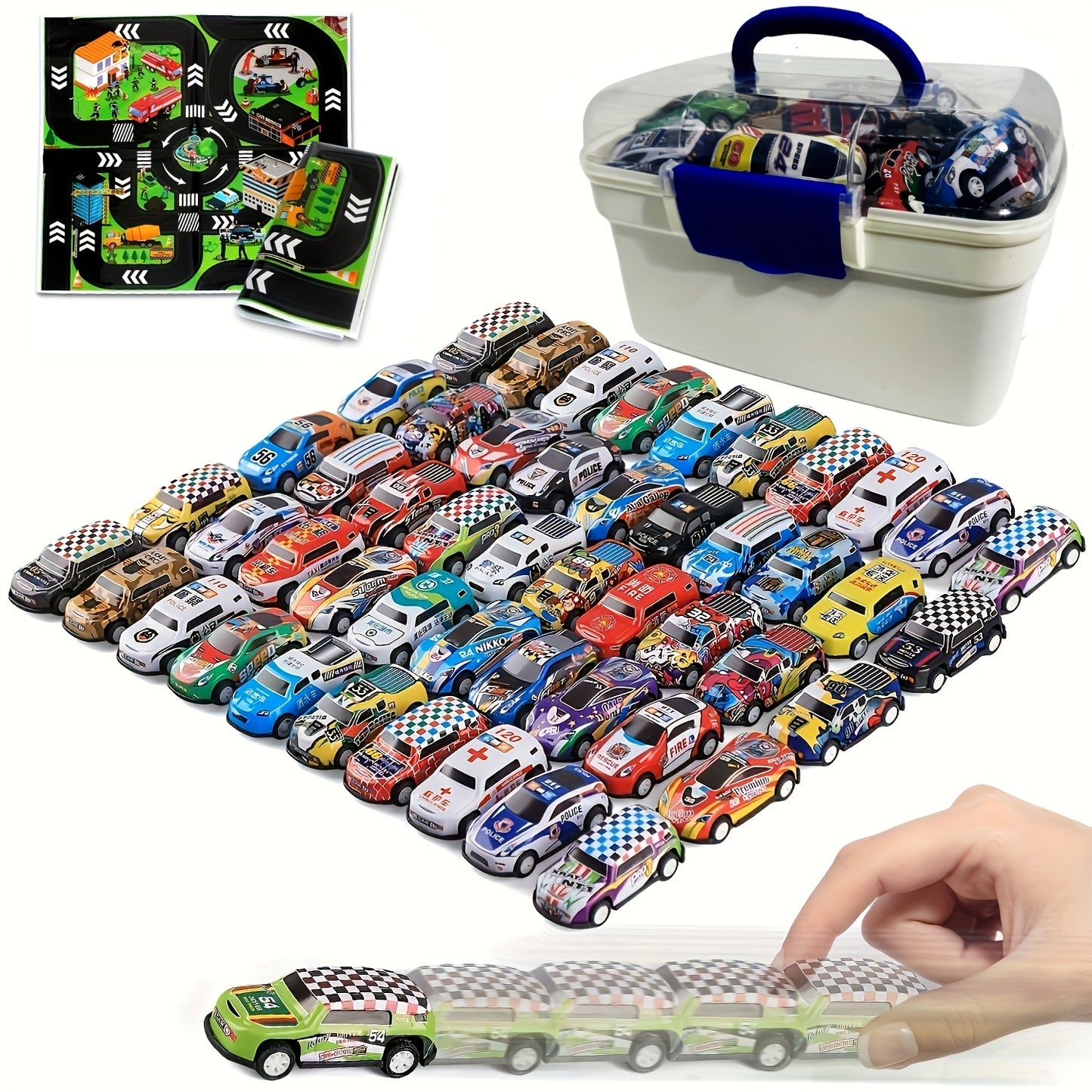 Set of 50 Rally Cars in Storage Box - Friction-Powered, Die-Cast Mini Cars, Ideal for Gifts, Winter Home Decor