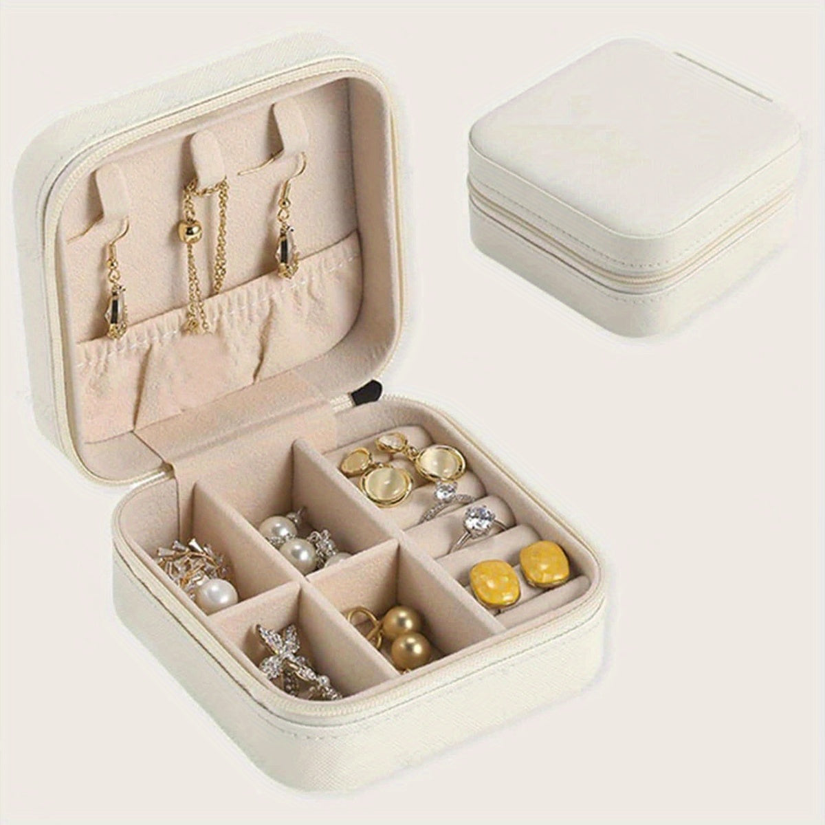 Portable jewelry storage box for traveling, suitable for earrings, necklaces, and rings. Simplistic organizer for jewelry.