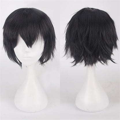 Vibrant Cosplay Wigs Available for Men and Women, Featuring Short, Straight Styles in Orange, Blue, White, Black, and Multicolored Varieties.