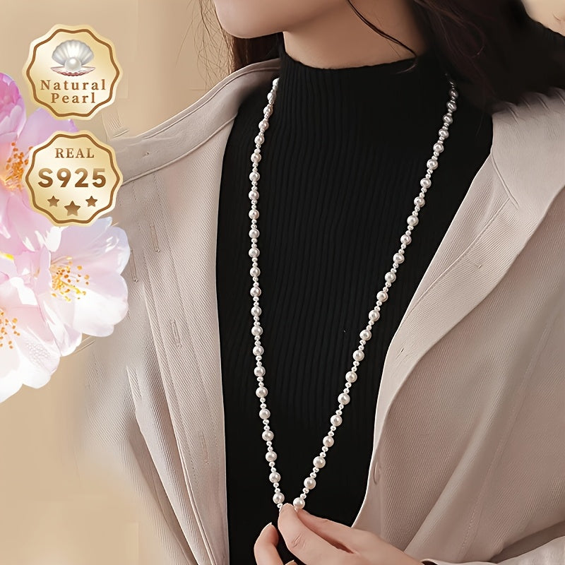 Elegant long chain pearl necklace for women by MUFAN. Made with authentic S925 silver and 3-4mm/7-8mm natural freshwater pearls. The necklace is 80cm long and comes in a gift box, perfect for daily wear or gifting. Please note: pearls may have small