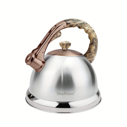 The HausRoland Tea Kettle is a 4.5L stainless steel stovetop teapot that whistles when water is boiling. It is compatible with gas and induction stovetops and does not require electricity to use. This food-grade water kettle comes with a whistle for