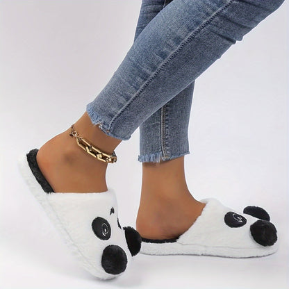 Cozy Panda Cartoon Plush Slippers for Men and Women - Black & White Design with Fluffy Ball Detail, TPR Sole, Hand Washable - Perfect Winter Comfort, Cute Style.