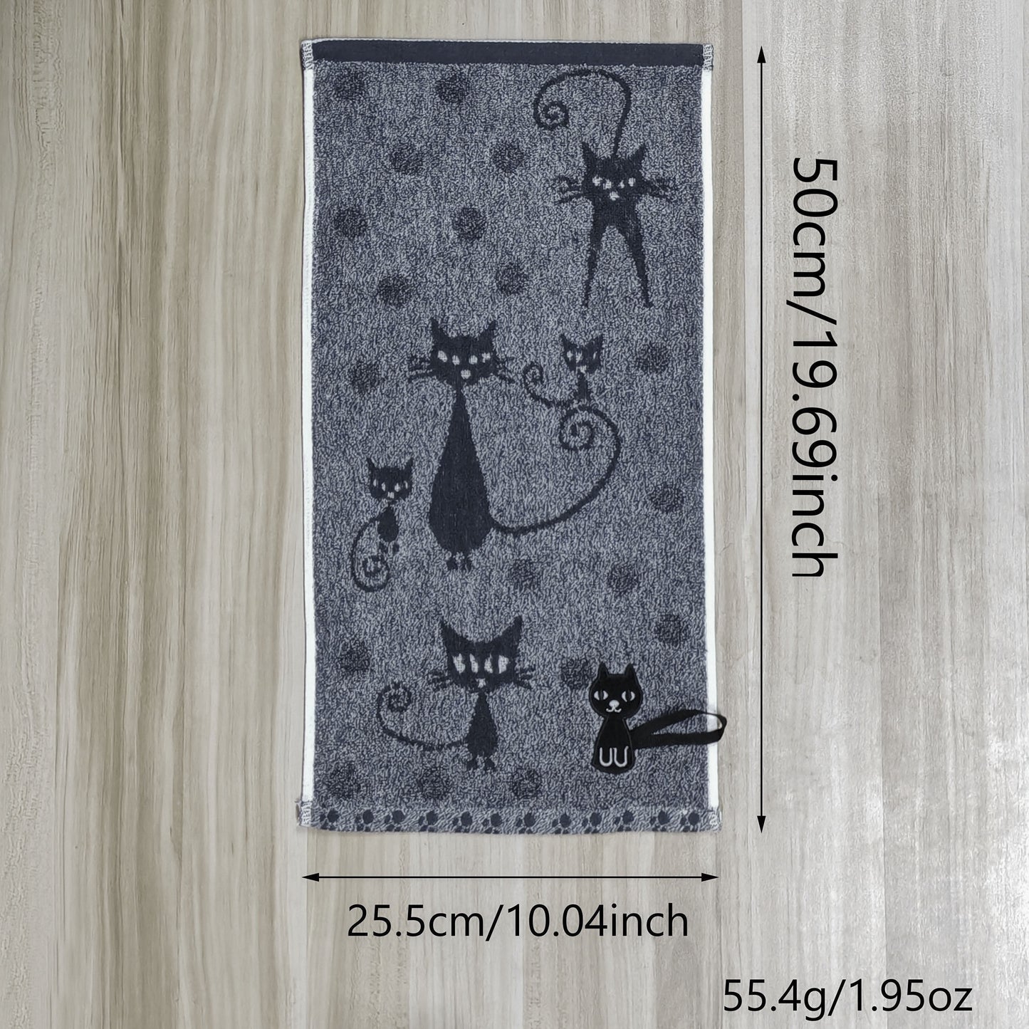 Cat cotton velvet hand towel with hanging loop, soft and cute for bathroom or kitchen use, 50cm x 25.5cm, perfect gift, red/blue/beige colors, black cat design.