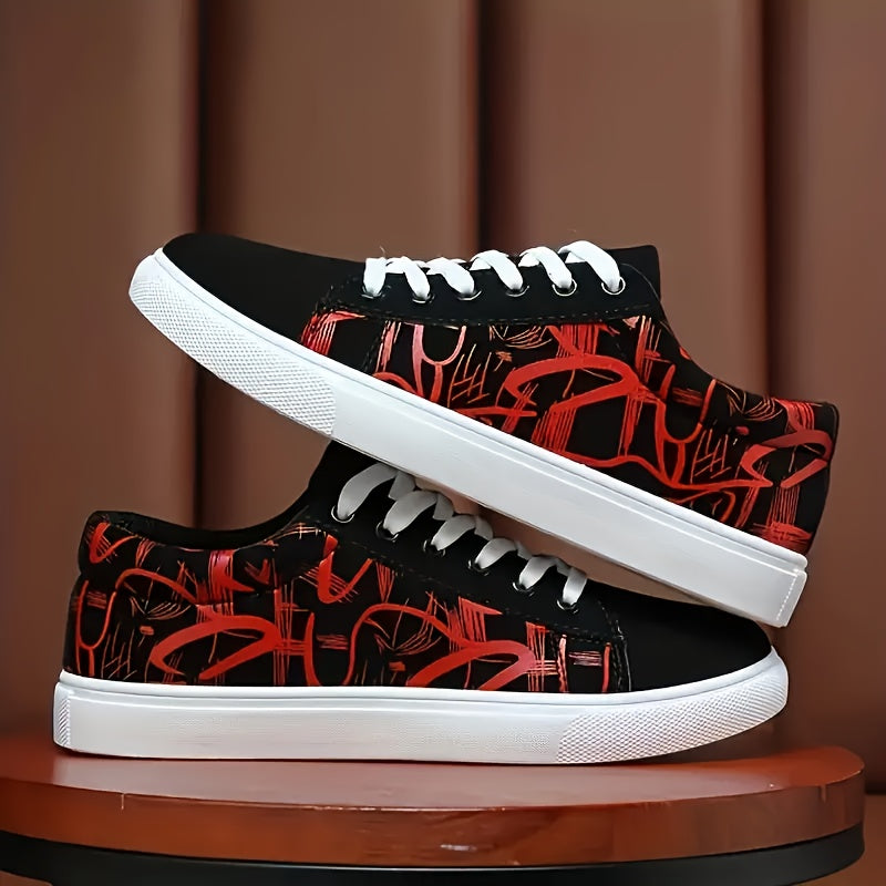 Men's vintage street fashion canvas sneakers with abstract print, breathable lining, durable sole, and skateboarding comfort for all seasons.