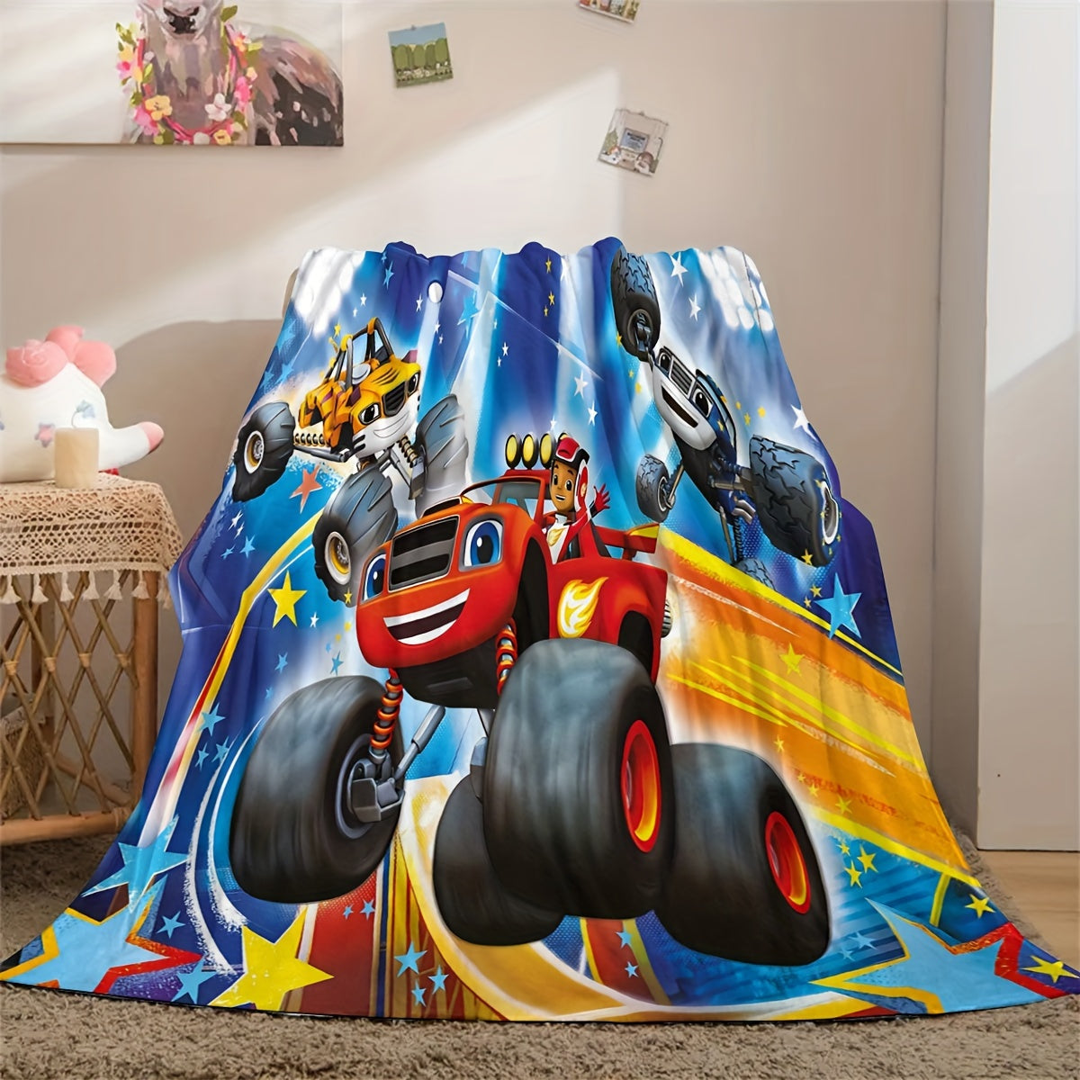 Get this adorable Mech Monster Cartoon Motorcycle Print Blanket, featuring a fun Cartoon Anime Motorcycle Theme design. A perfect gift for sons and daughters, ideal for birthdays or Christmas. Use it as a blanket, chair cover, bedspread, or sofa throw.