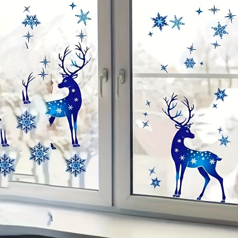 Get into the holiday spirit with 30 pieces of Blue Reindeer and Snowflakes Static Cling Window Decals. These non-adhesive plastic decorations are perfect for Christmas, Thanksgiving, and New Year. Add a festive touch to your home decor without using