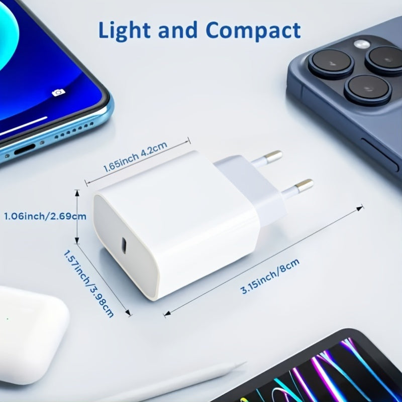 Compact 10W USB-C charger with EU plug, great for European travel, works with iPhone, iPad, Galaxy, and other USB-C devices, ensures safe and smart power delivery.