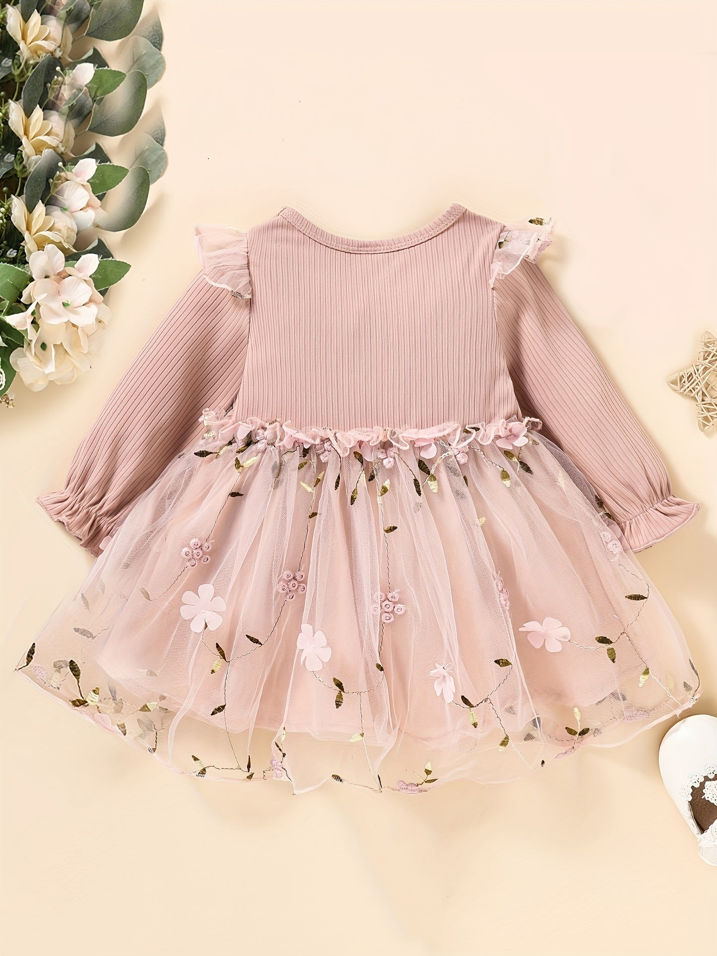 Elegant flower embroidery long sleeve dress for baby girls, perfect for daily wear, holidays, and parties. Ideal as a gift.