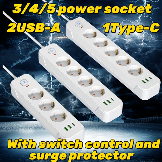 European power strip with 3-5 outlets, switched AC plug, 2 USB & Type-C PD fast charging ports. 2500W/10A, 198.12cm flat cord with surge protection for home, office, dorm & gaming room.