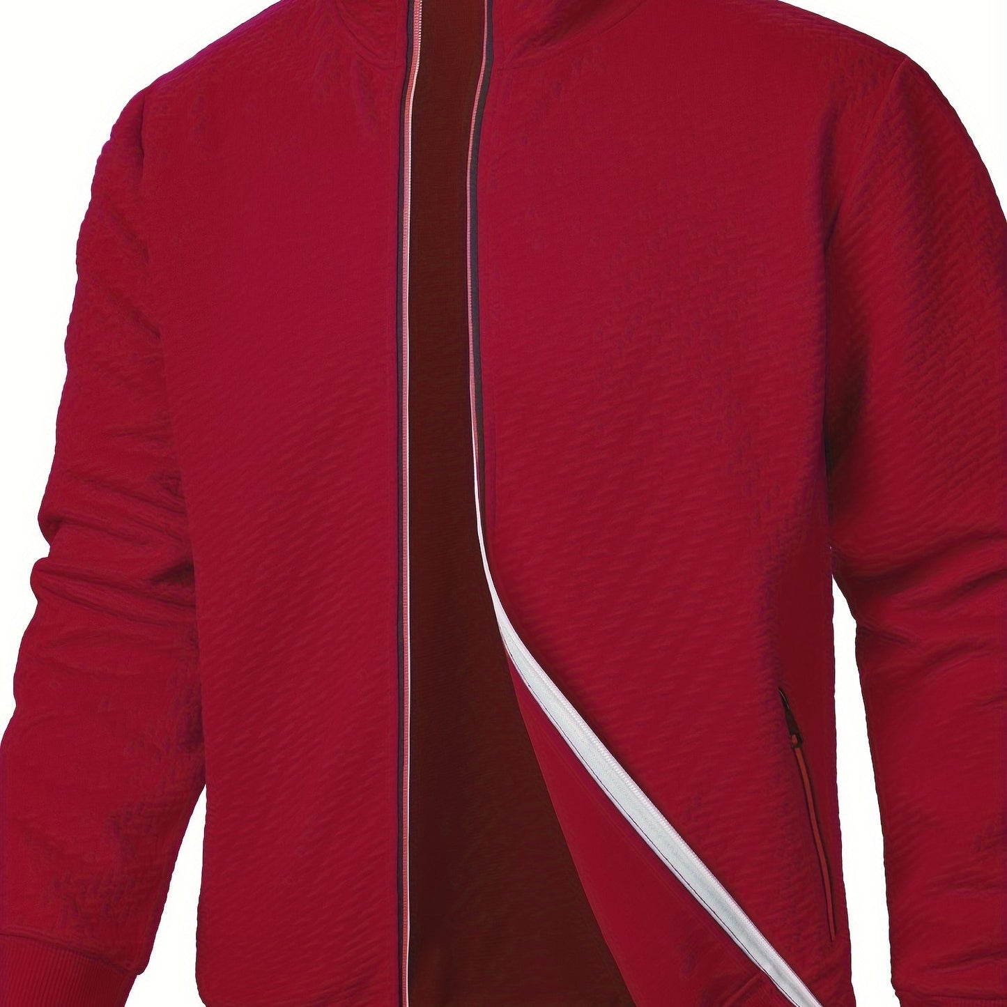 Men's Casual Zip Up Jacquard Jacket with Stand Collar and Hoodie, suitable for Spring, Fall, and Winter.