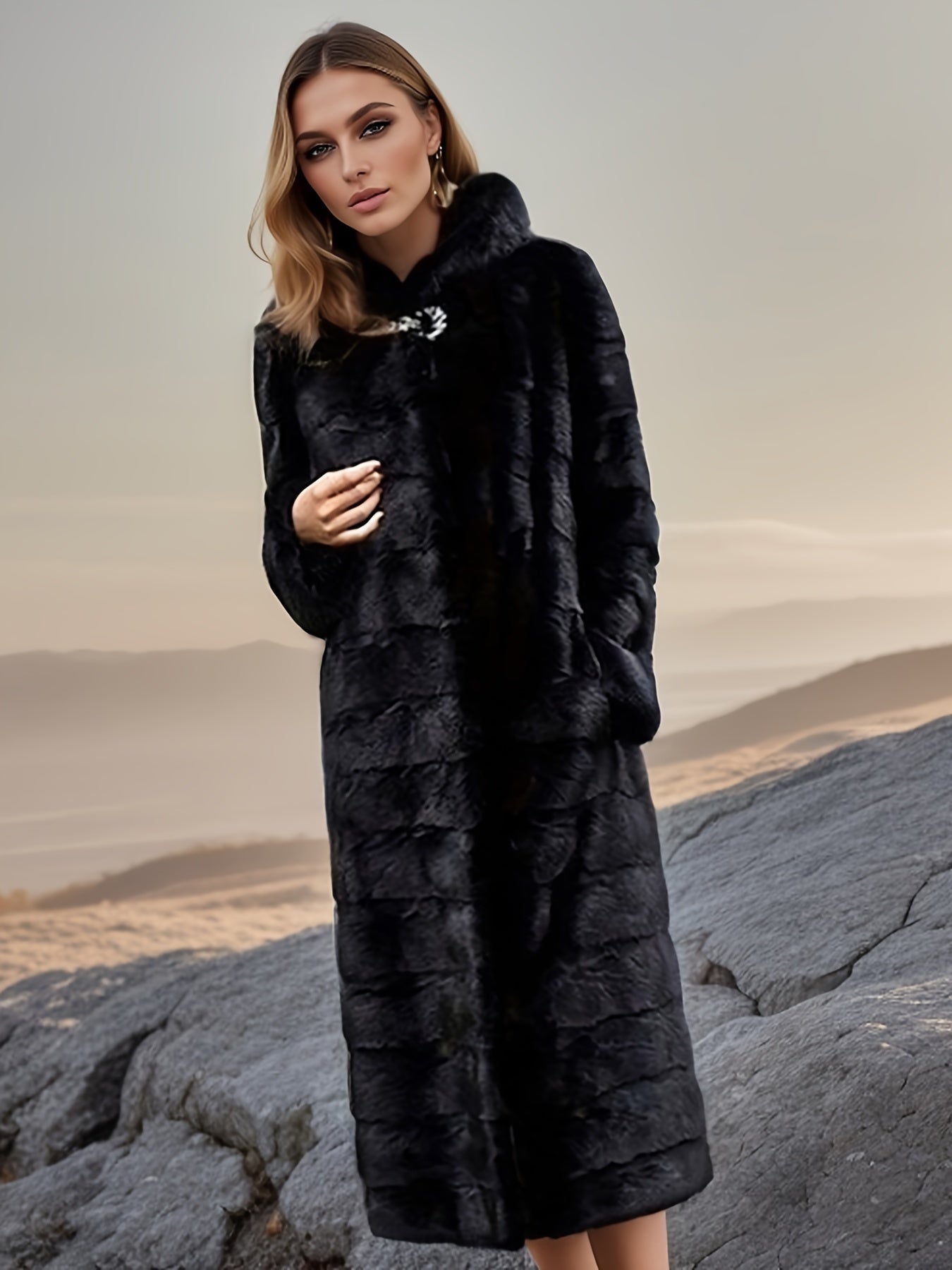 Women's winter coat made with faux sheepskin hood and imitation water mink fur, features a slimming fit, long hood, and plush black faux mink material for warmth.