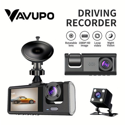 Vavupo 3-Channel Dash Cam with IR Night Vision - 1080P HD, Front & Rear Recording, Loop Playback, 5.08cm IPS Display, Wide Angle Lens, USB Powered