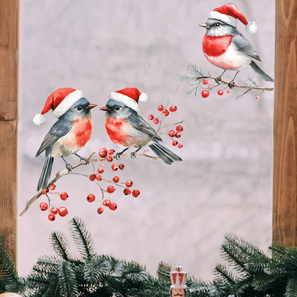 Decorative Art Deco Christmas Birds Window Decals featuring Red Berry Branches Glass Clings. These self-adhesive plastic stickers make the perfect festive home decoration. Each pack features single-use Santa Hat Bird motifs.