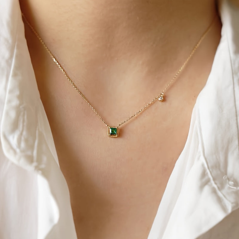 925 Sterling Silver Pendant Necklace with a Hollow Square Green Celestial Symbol and Synthetic April Birthstone Zirconia. This Elegant and Sexy Necklace is 925 Silver Plated, perfect for Daily Wear and as a Gift for Valentine's Day.