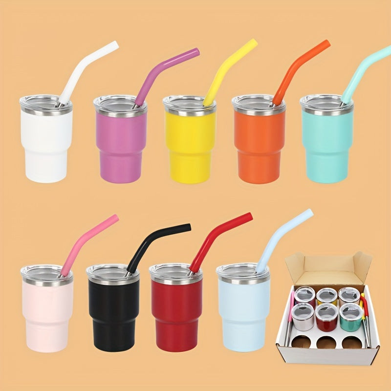 9 stainless steel shot cups with lids and straws, perfect for home or commercial use.