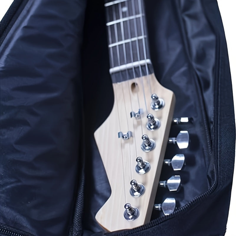 Black Universal Electric Guitar Case made of 5mm thick waterproof polyester fabric. Features dual shoulder straps, handheld side and front, and is easy to wipe clean. Fits 39-Inch Guitars.