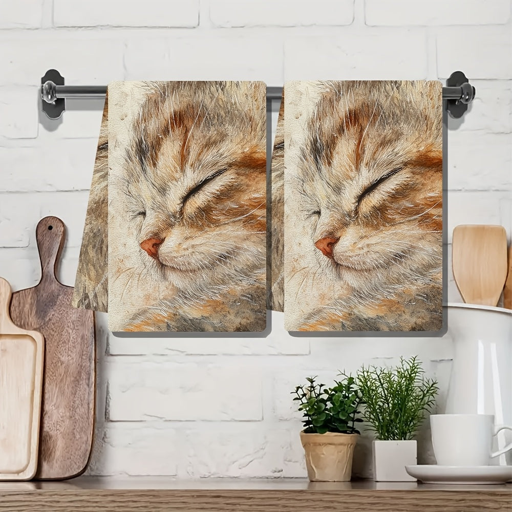 Set of two incredibly plush kitchen towels featuring an adorable kitten fur print - These towels are super absorbent, conveniently machine washable, and perfect for drying dishes or hands. The 40.64x60.96 cm size makes them ideal for any kitchen, while