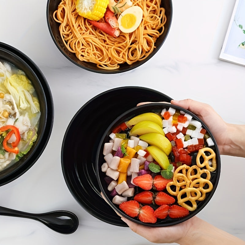 Large ramen bowl with spoon, Japanese-style, BPA-free, microwave and dishwasher safe. Perfect for home, kitchen, restaurants.