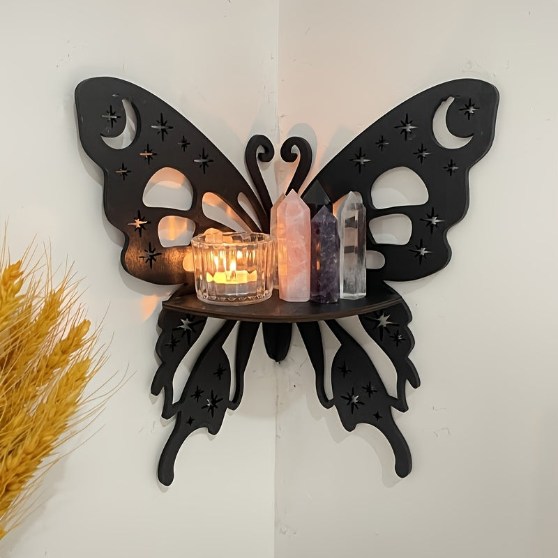 Black wooden wall shelf in the shape of a lotus and butterfly, ideal for displaying candles. Made of manufactured wood, suitable for festive wall decor.