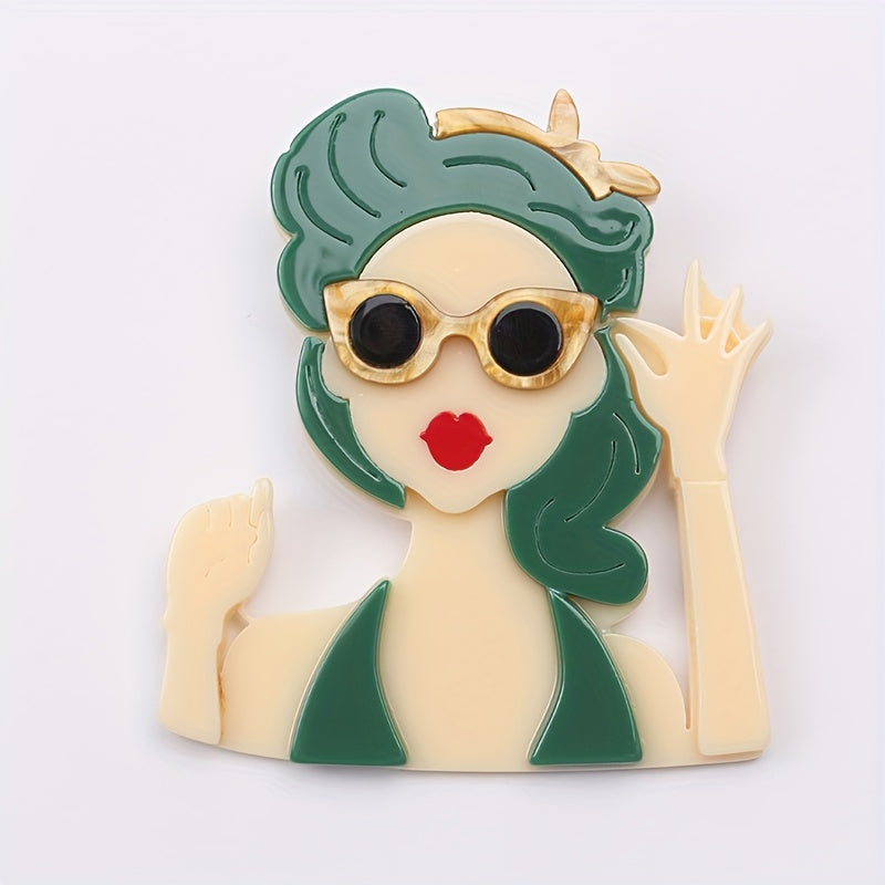 Retro Glasses Lady Head Pendant in Vintage Style Acrylic Pin, Perfect for Clothing Accessories